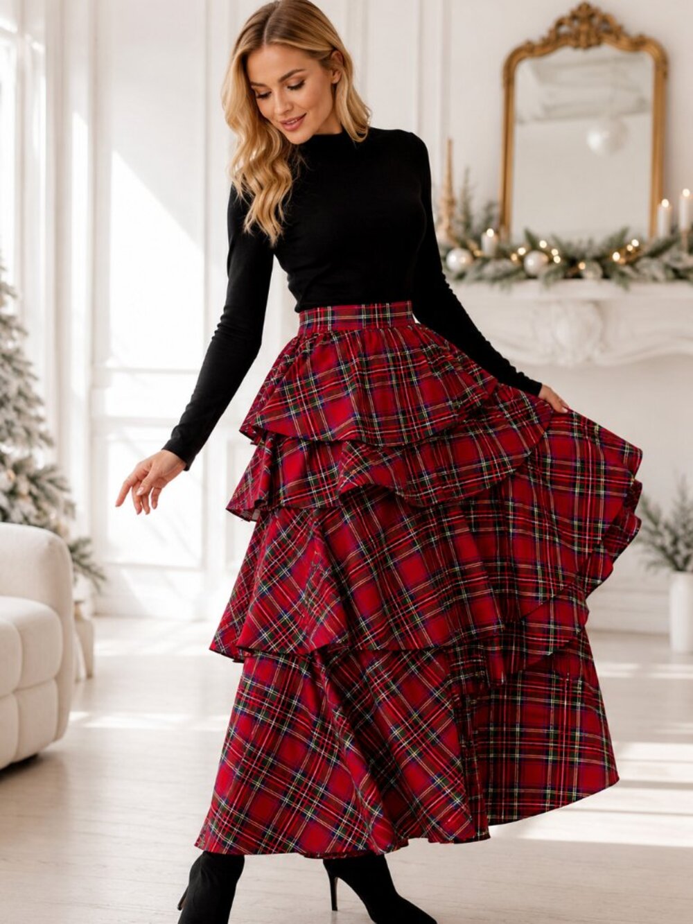 NWT Buru Teagan Plaid Tiered Maxi Skirt in Red Sz M